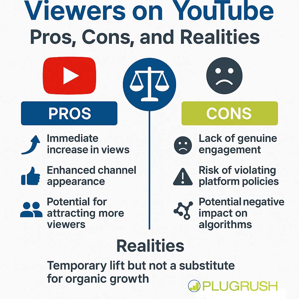 PlugRush infographic on YouTube viewers pros and cons with scale graphic, clear bullet points, and official PlugRush logo centered at bottom