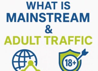 What Is The Difference Between Mainstream and Adult Traffic? Square PlugRush featured image: ‘What Is Mainstream & Adult Traffic?’ title with globe and 18+ shield icons; footer PlugRush logo; clean blue/green palette.