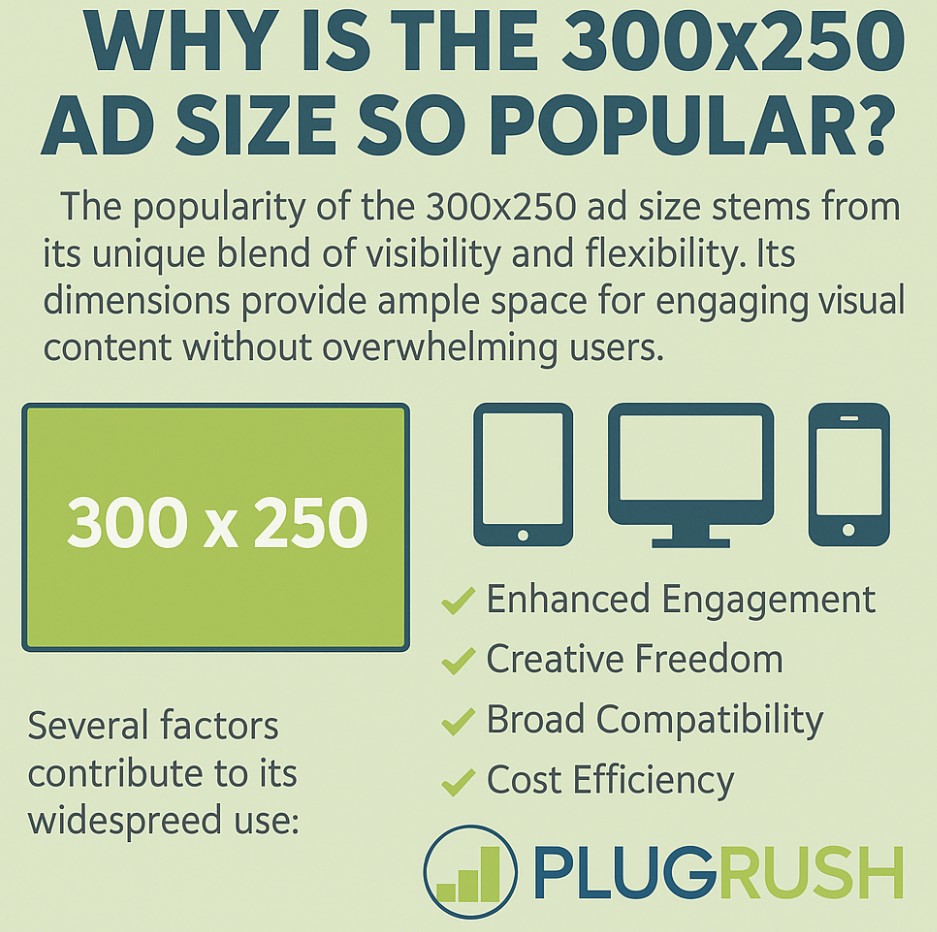 Why the 300×250 ad size is popular on devices, key benefits, and PlugRush branding on a clean infographic.
