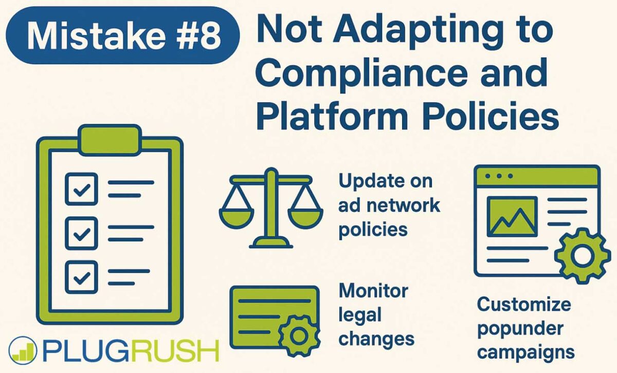 Infographic titled “Mistake #8: Not Adapting to Compliance and Platform Policies” showing checklist, scale, and PlugRush logo.