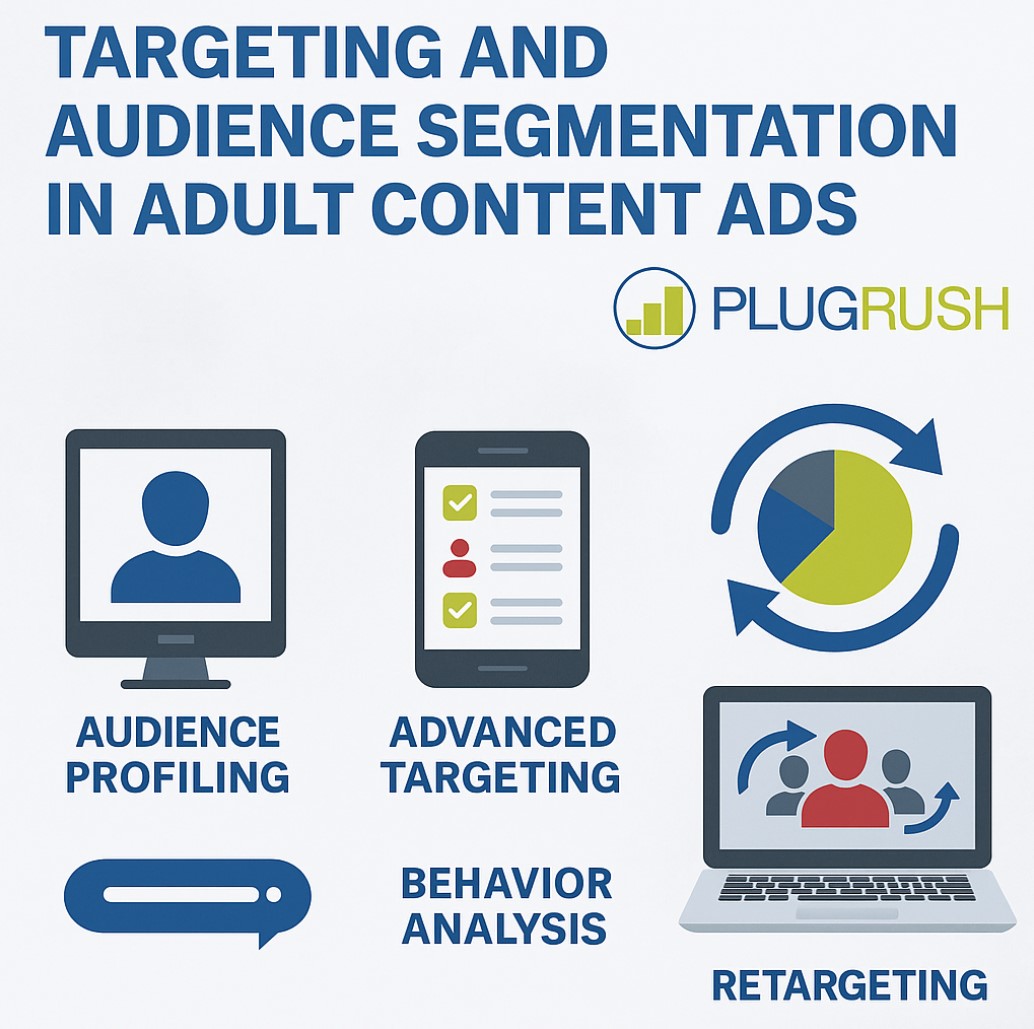 Infographic showing audience profiling, advanced targeting, behavior analysis, and retargeting in adult ads.