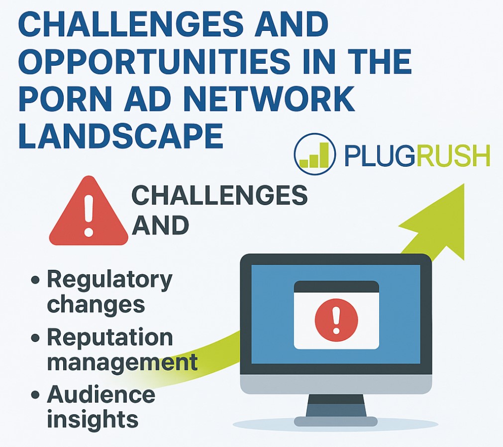Infographic showing challenges like regulation and reputation, and opportunities in the porn ad network with PlugRush branding.