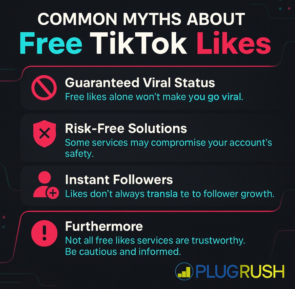 Infographic debunking myths about free TikTok likes, covering viral claims, safety risks, follower growth, and service reliability.