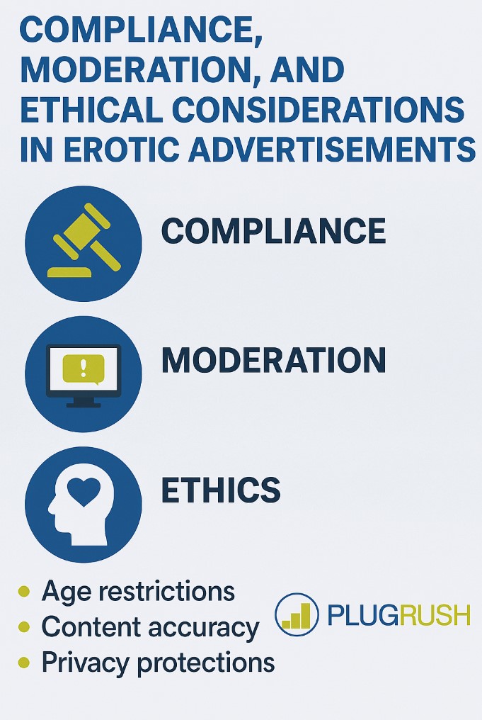 Compliance, moderation, and ethics in erotic ads shown with icons and bullet points on age, accuracy, and privacy.