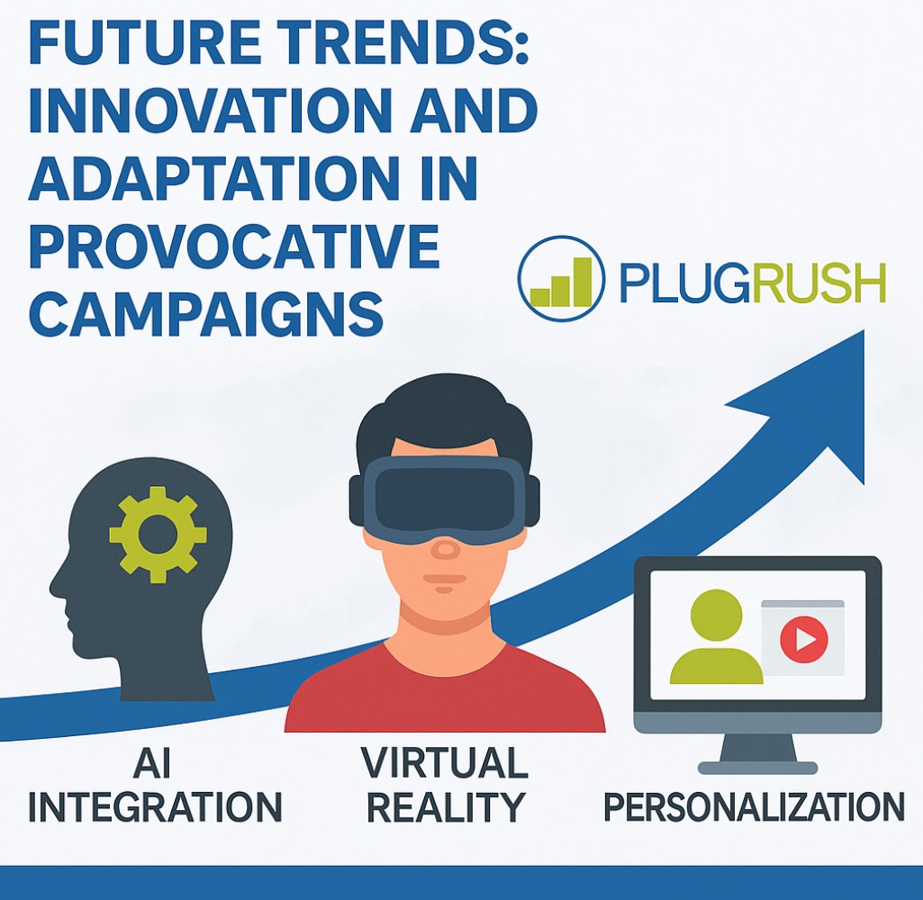 Infographic showing future trends in adult ads like AI, VR, and personalization with PlugRush branding.