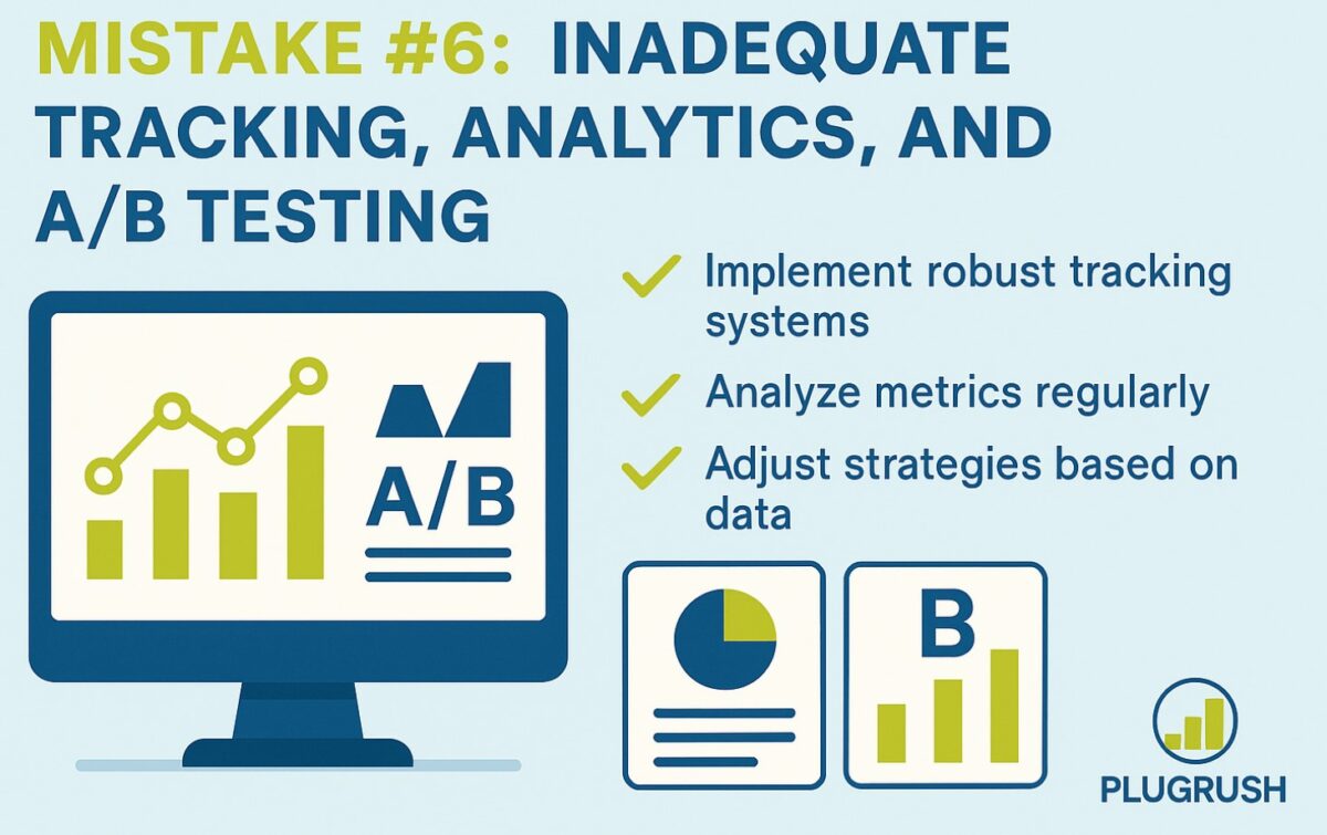 Infographic titled “Mistake #6: Inadequate Tracking, Analytics, and A/B Testing” with charts, graphs, and PlugRush logo.