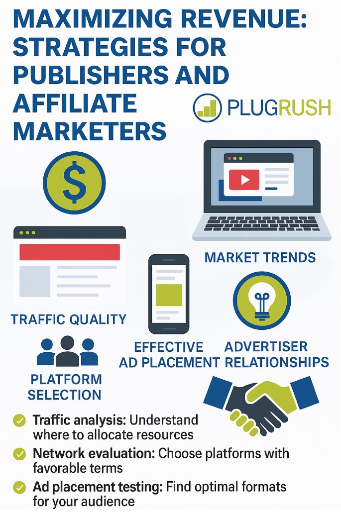 Infographic showing revenue strategies for publishers and affiliates: traffic, platforms, ads, trends, and relationships.