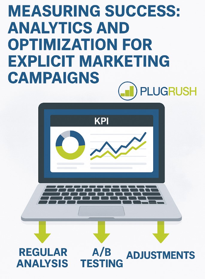 Infographic showing KPIs, A/B testing, and analytics strategies for explicit marketing with PlugRush branding.
