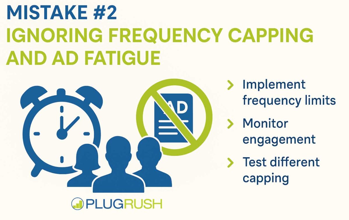 Horizontal infographic titled “Mistake #2: Ignoring Frequency Capping and Ad Fatigue” with blue and lime icons.