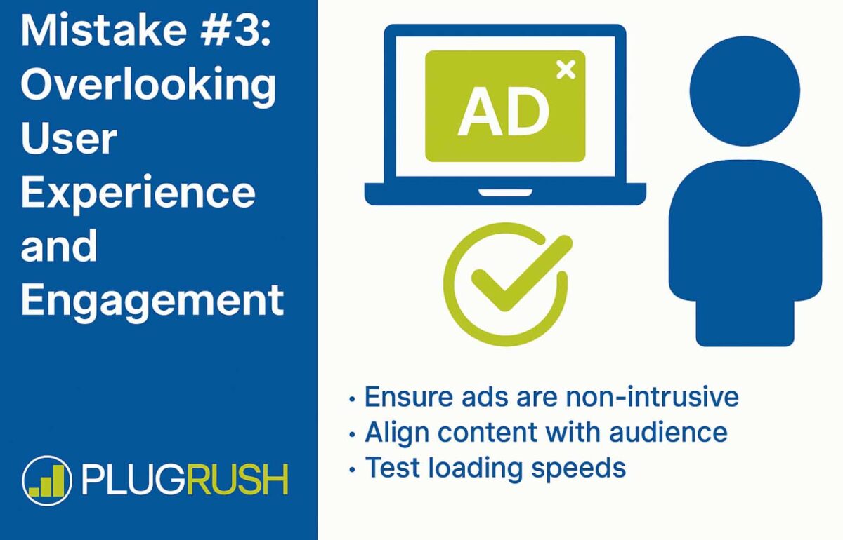 Infographic titled “Mistake #3: Overlooking User Experience and Engagement” using PlugRush blue and lime green colors.