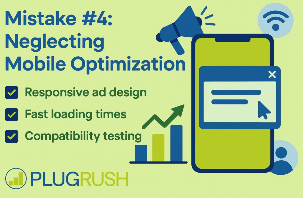 Infographic titled “Mistake #4: Neglecting Mobile Optimization” showing smartphone, charts, and PlugRush branding.