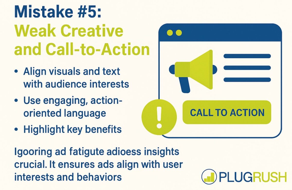 Infographic titled “Mistake #5: Weak Creative and Call-to-Action” featuring CTA button, megaphone, and PlugRush logo.