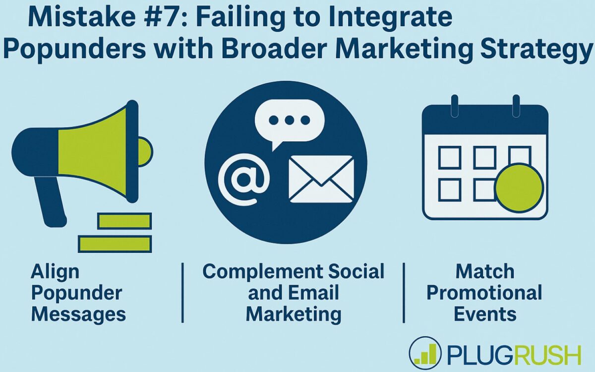 Infographic titled “Mistake #7: Failing to Integrate Popunders with Broader Marketing Strategy” showing icons for ads, email, and calendar.