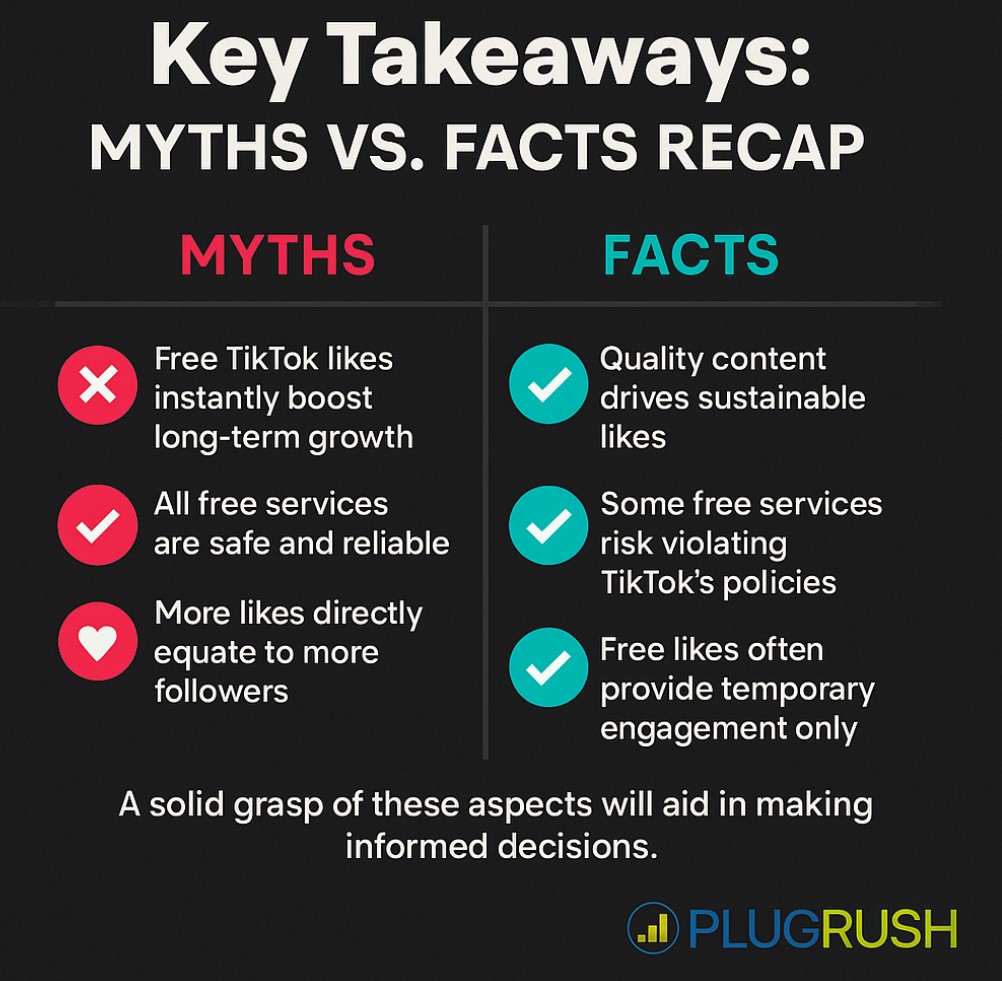 Infographic comparing myths and facts about free TikTok likes, emphasizing content quality, policy risks, and temporary engagement.
