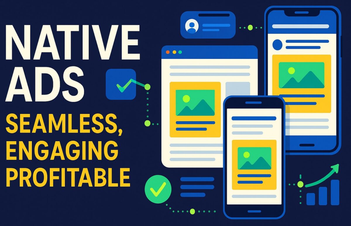 Infographic explaining what Native ads are with a computer screen and mobile phone highlighting native ads on a website.