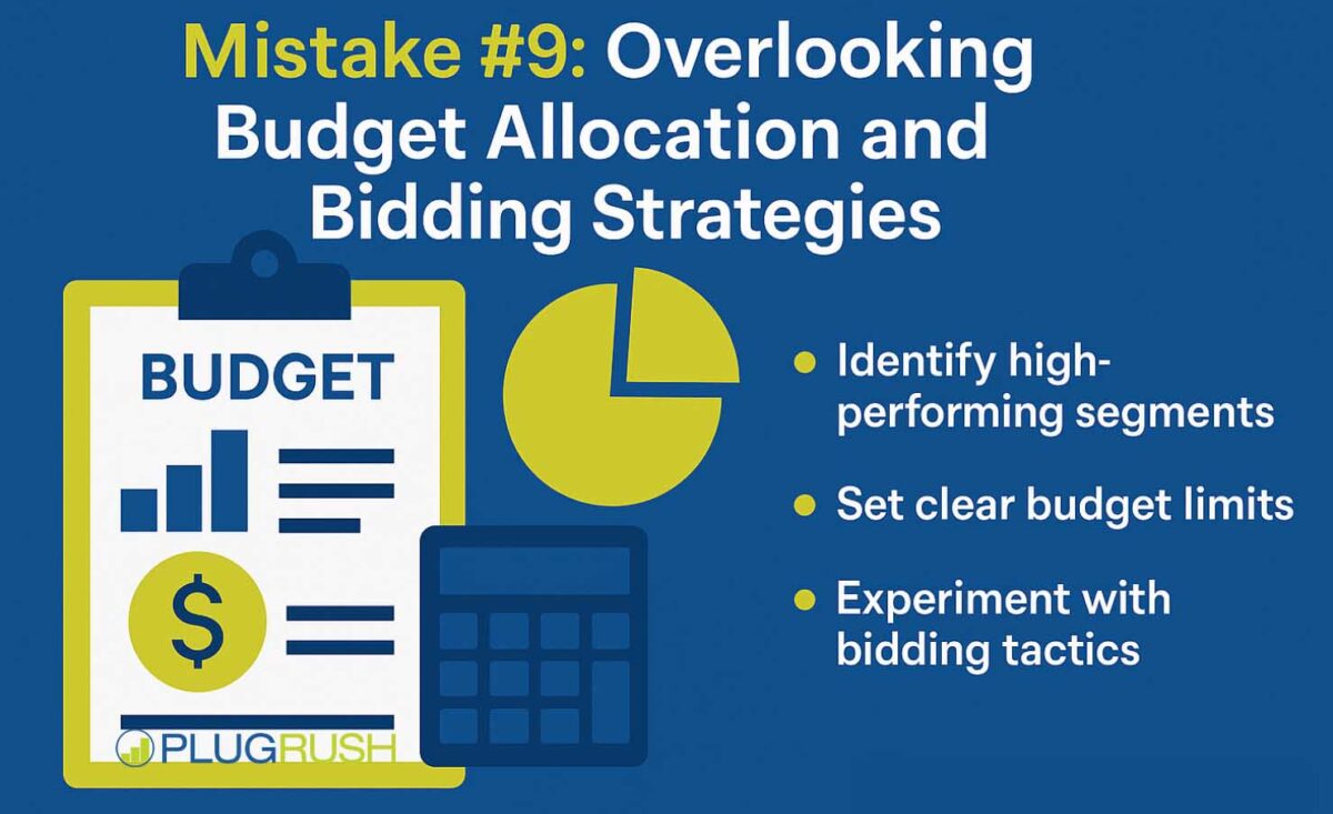 Infographic titled “Mistake #9: Overlooking Budget Allocation and Bidding Strategies” with budget chart, calculator, and PlugRush logo.