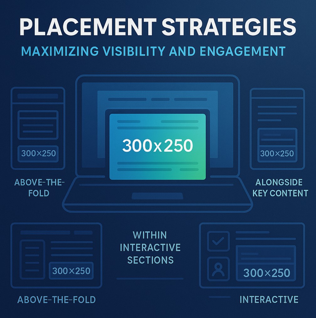 300x250 ad placement guide showing banner locations above-the-fold, alongside content, and in interactive sections.