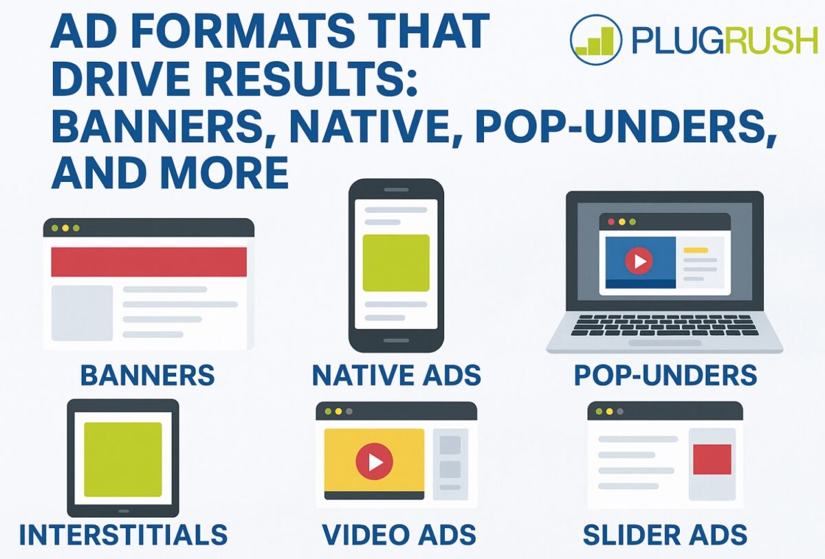 Graphic of six ad formats: banners, native, pop-unders, interstitials, video, and slider ads