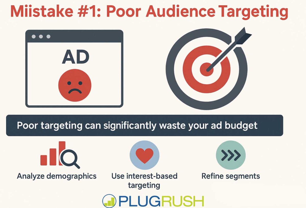 Infographic showing “Mistake #1: Poor Audience Targeting” with icons for demographics in popunder traffic management.