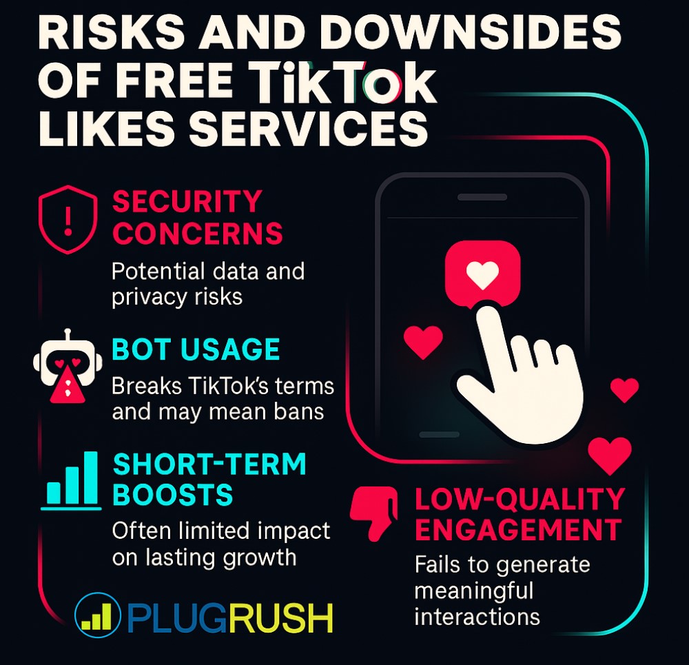 Infographic showing risks of free TikTok likes: security concerns, bot usage, short-term boosts, and low-quality engagement.
