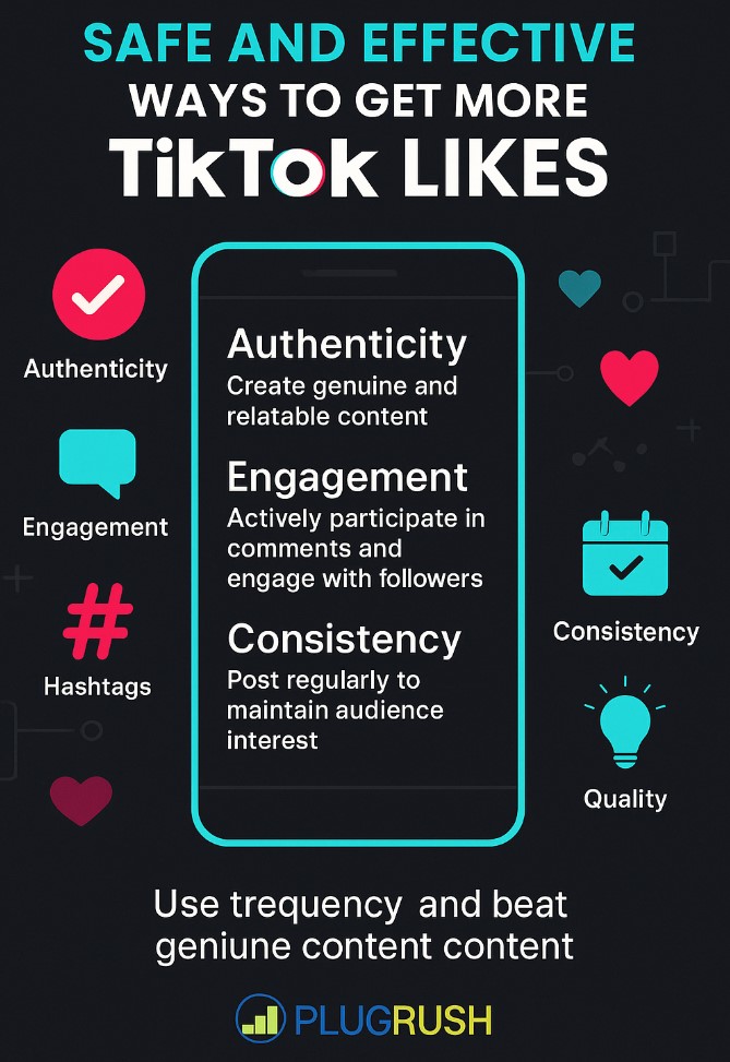 Infographic showing safe ways to get more TikTok likes, including authenticity, engagement, hashtags, consistency, and quality.
