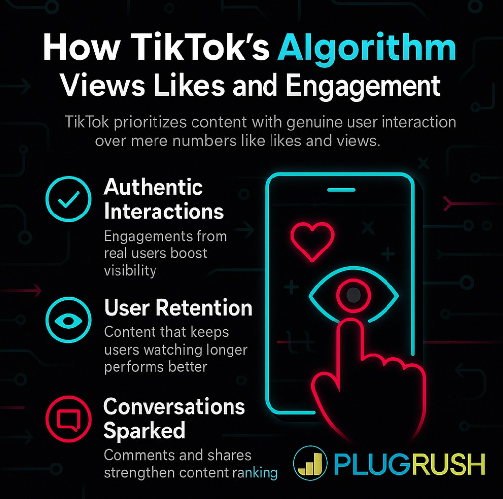 Infographic explaining how TikTok's algorithm values likes: authentic interactions, user retention, and sparked conversations.