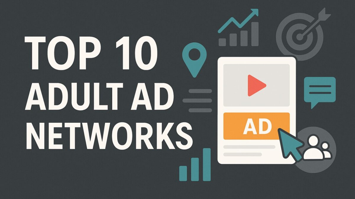Display graphic showing an ad with the text Top 10 adult ad networks in white on a charcoal background.