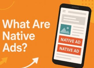 What are Native Ads? A cell phone on the right with native ads highlighted and text on the left that says "What are native ads?"