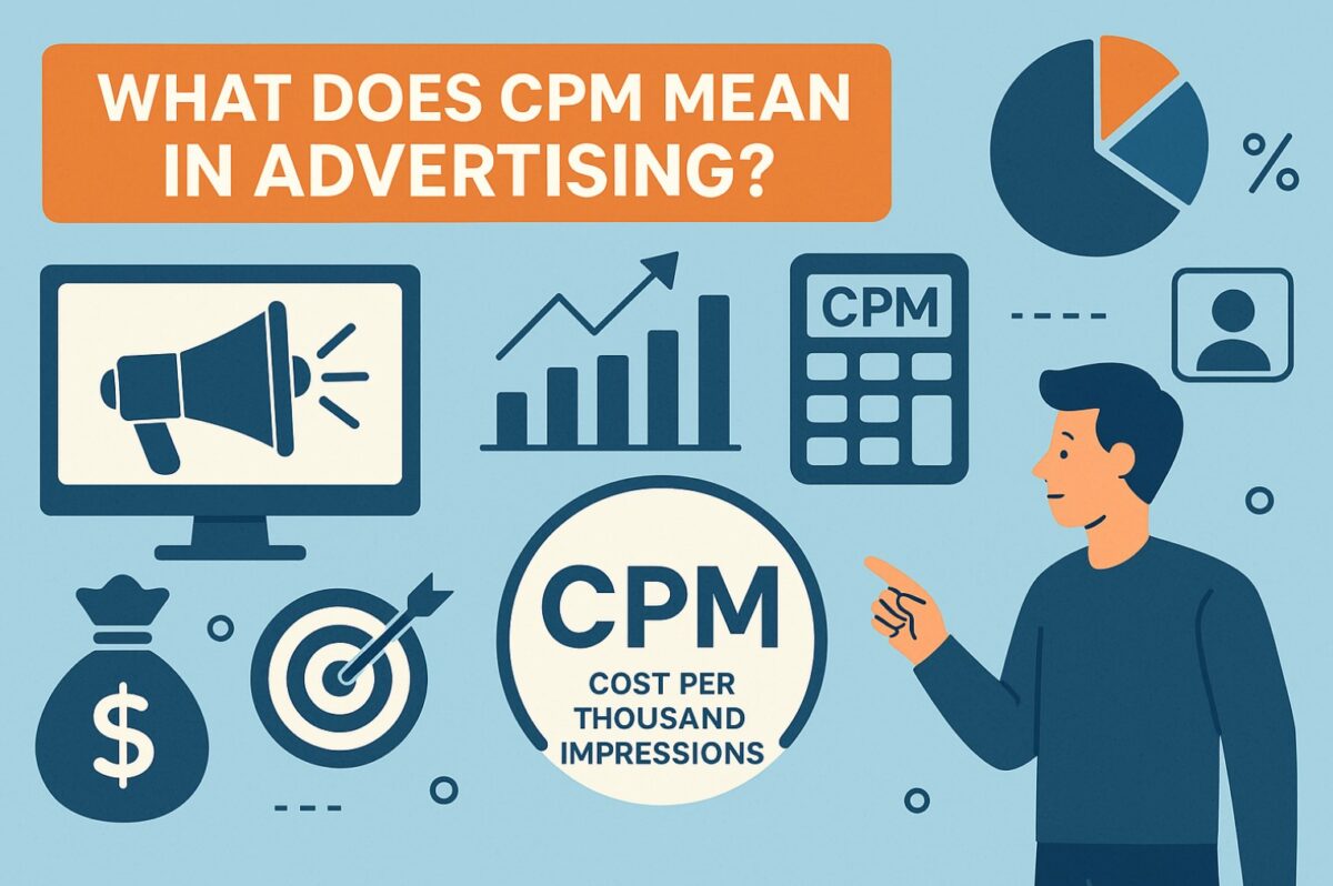 Visual guide explaining what does CPM mean in advertising, showing charts, calculator, target, and money symbols to illustrate cost per thousand impressions.