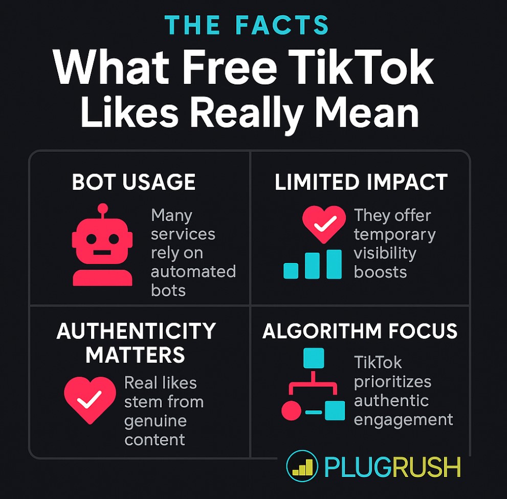 Infographic showing facts about free TikTok likes: bot usage, limited impact, authenticity importance, and algorithm focus.