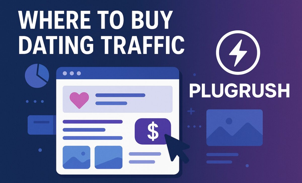 Promotional banner showing PlugRush as the best place to buy dating traffic, featuring bright graphics of a website interface, analytics icons, and bold text reading ‘Where To Buy Dating Traffic – PlugRush.’