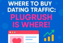 Where To Buy Dating Traffic PlugRush Is Where Square promotional image with the text ‘Where To Buy Dating Traffic: PlugRush Is Where!’ featuring bright graphics of a web page with a heart icon, analytics charts, and vibrant blue, pink, and yellow colors