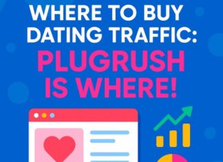 Where To Buy Dating Traffic PlugRush Is Where Square promotional image with the text ‘Where To Buy Dating Traffic: PlugRush Is Where!’ featuring bright graphics of a web page with a heart icon, analytics charts, and vibrant blue, pink, and yellow colors