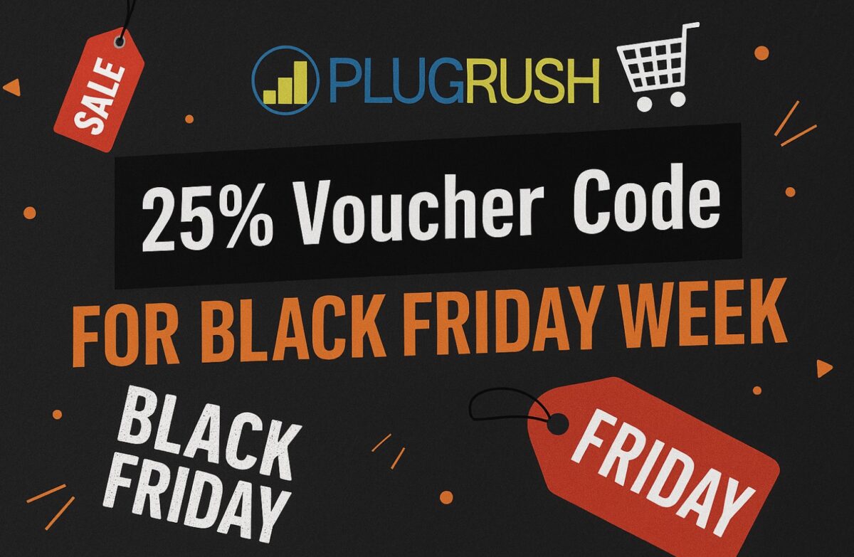 Promotional banner showing the PlugRush voucher code offer for Black Friday Week with bold text “25% Voucher Code” and PlugRush logo on a dark background.