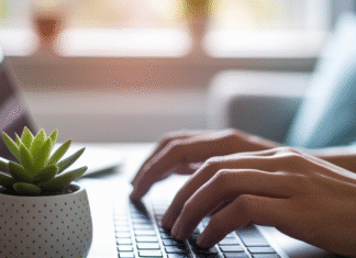 Ten Simple Ways to Start Making Money From Your Website Person typing on laptop with plant.