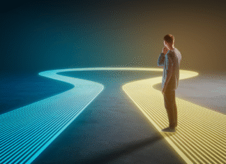 How to Pick the Perfect Ad Format for Your Audience Person choosing between glowing digital paths