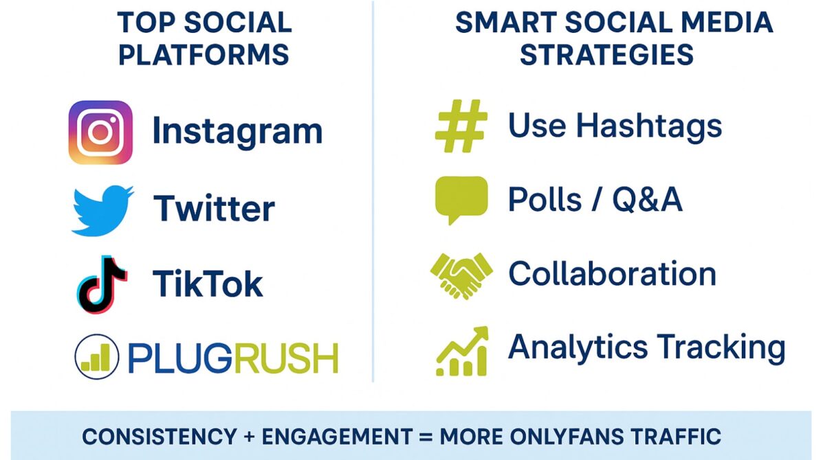 Instagram, Twitter, TikTok, and PlugRush with social media strategies for OnlyFans traffic.