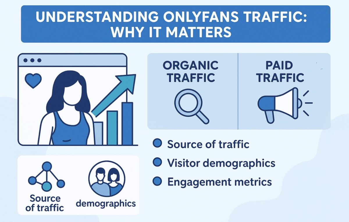 Infographic explaining OnlyFans traffic importance. Shows organic vs paid traffic with icons for magnifying glass and megaphone, a creator profile graphic with growth bars, and bullet points for traffic sources, demographics, and engagement.