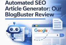 Automated SEO Article Generator: Our BlogBuster Review Featured image showing the BlogBuster interface with a “Generate Article” button for an automated SEO article generator review.