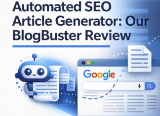 Automated SEO Article Generator: Our BlogBuster Review Featured image showing the BlogBuster interface with a “Generate Article” button for an automated SEO article generator review.