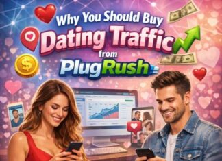 Why You Should Buy Dating Traffic From PlugRush A buy dating traffic featured image with a realistic young couple flirting on their phone.