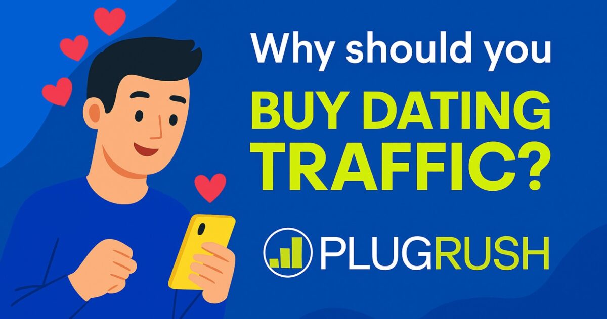 PlugRush dating traffic ad with mobile dating illustration and bold headline