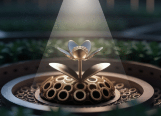 Top Strategies to Maximize ROI in Digital Advertising Campaigns Fleur mécanique en laiton qui fleurit sous un faisceau de lumière.