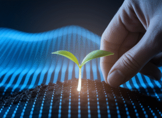 Ten Smart Tips for Better Digital Ad Results Hand planting glowing seedling in grid.