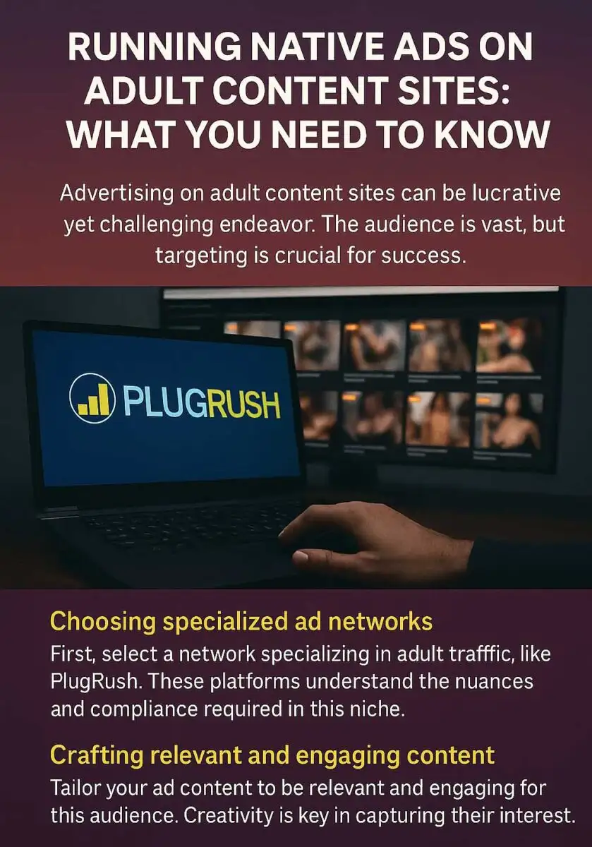PlugRush ad on a laptop screen, with tips for running native ads on adult content websites.