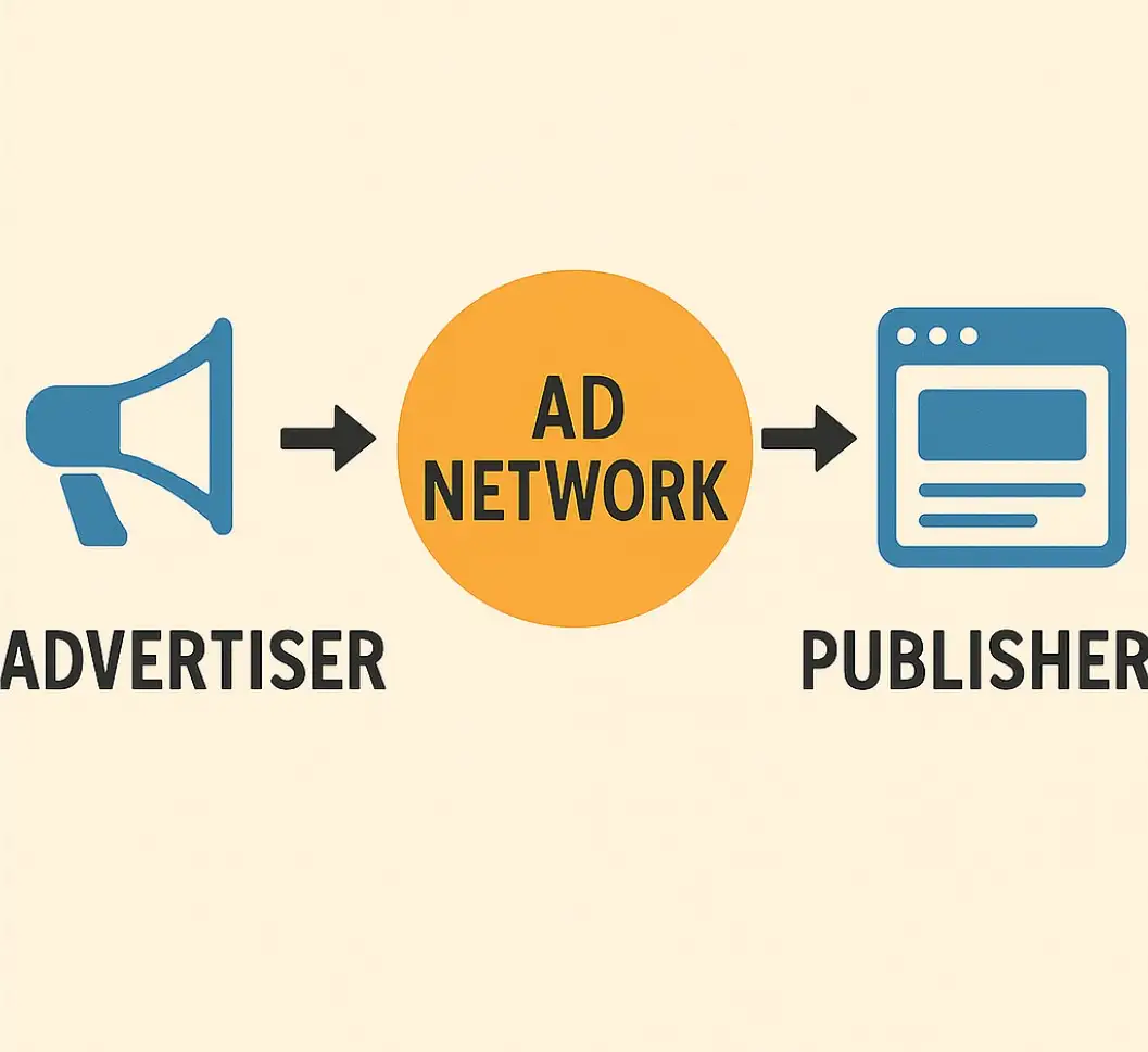 Ad flow diagram showing Advertiser, Ad Network, and Publisher with icons and clear labels.