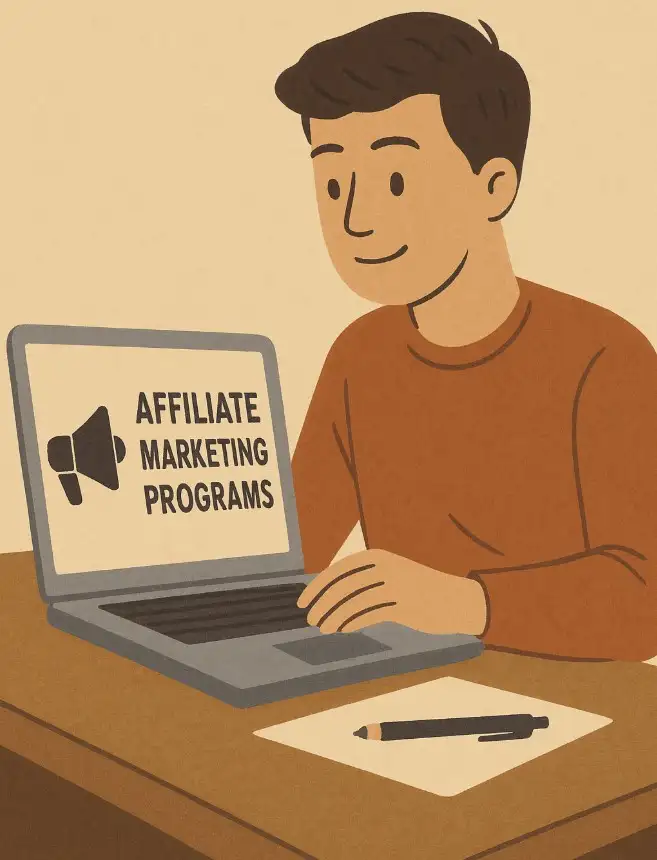 An image of a user who is about to learn on his laptop of what Affiliate Marketing is all about.