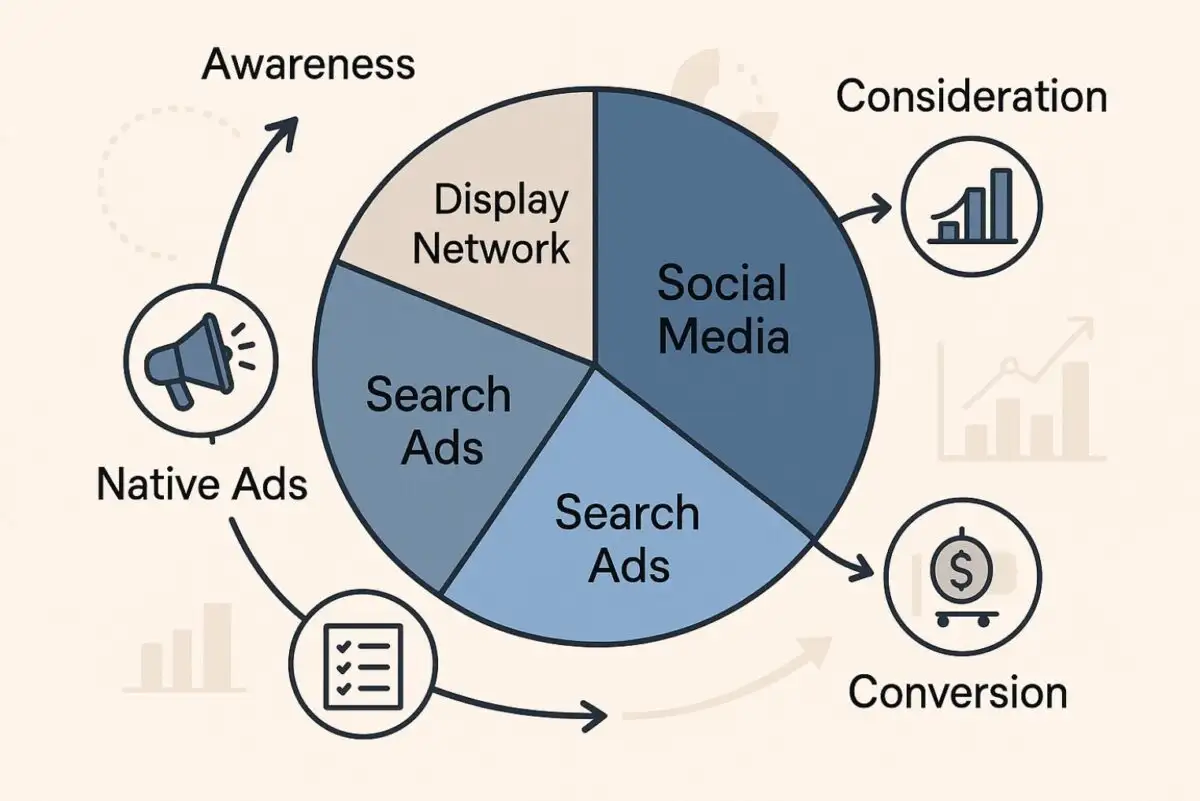 An Awareness and Consideration ad flow chart with various icons and graphics.