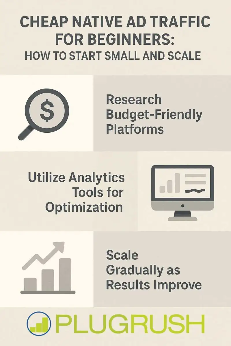 Infographic for beginners on buying cheap native ad traffic, featuring PlugRush tips on scaling and optimization.