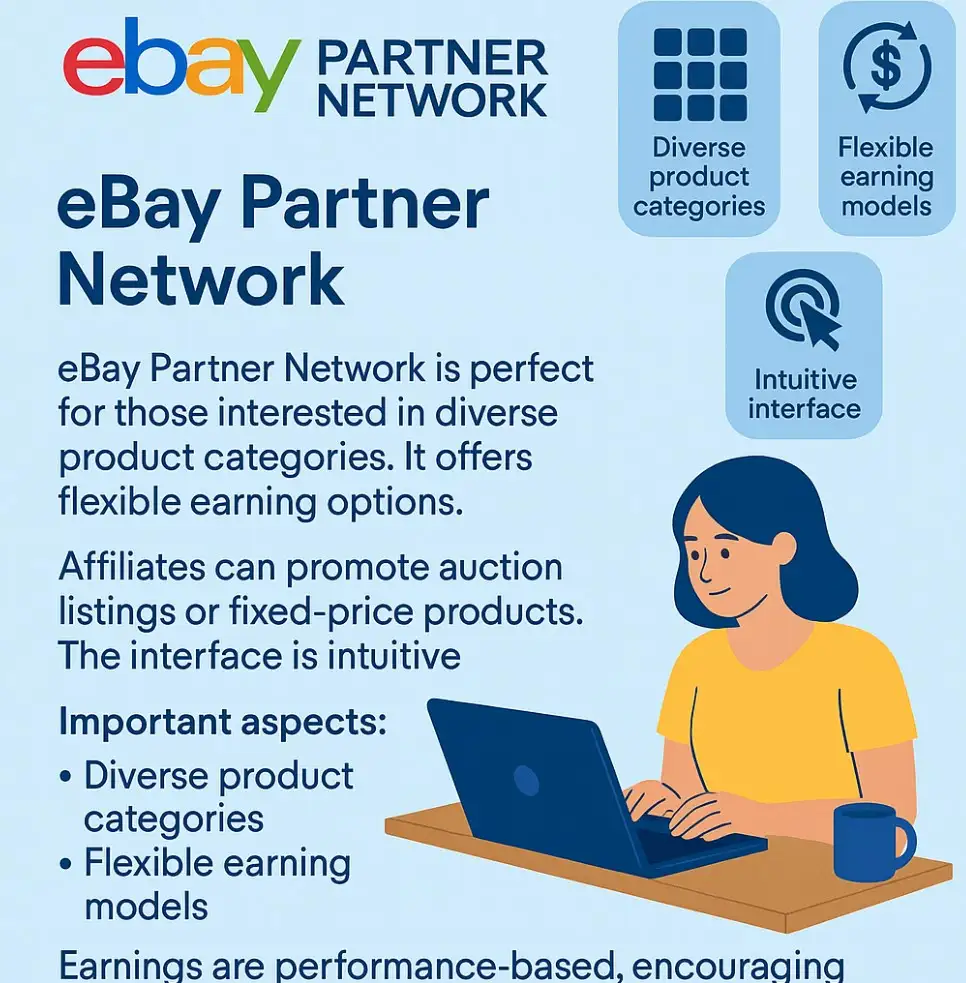 Ebay Partner Network graphic for affliate marketing, showing various pros for their system.